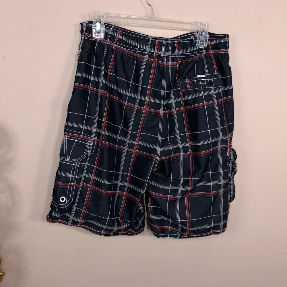 Medium OP Swim Board Trunks Shorts Black White Red Plaid Cargo Pockets